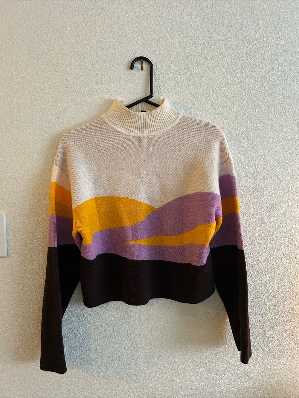 H&M Colorblock Mock Neck Sweater in Cream, Yellow, Purple, and Brown